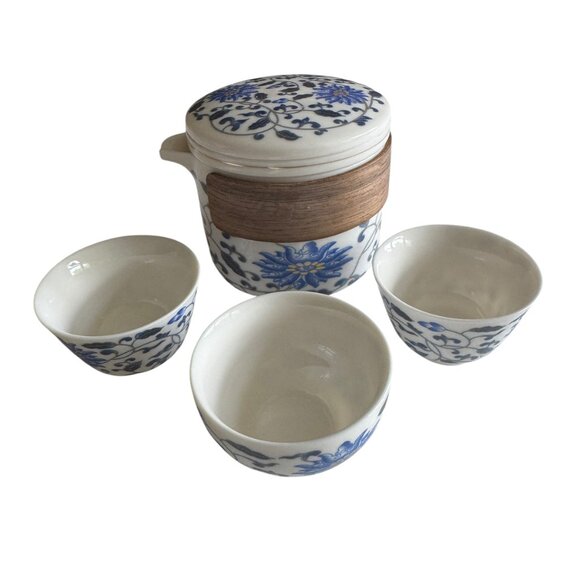 Lotus Flower Loose Leaf Teapot 3 Cups Strainer Lid Blue White Floral Meditation - Picture 3 of 16